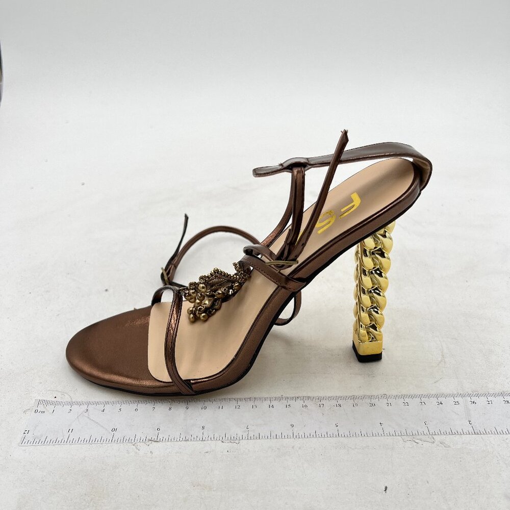 FSJ Brown Bell Gold Metal Chain Thick High Heel Open Toe Strappy Sandals - Picture 2 of 8